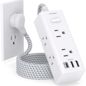 Power Strip Surge Protector - 6 Widely Outlets with 3 USB Ports (1 USB C), 3-Side Outlet Extender Strip, 5 Ft Extension Cord Flat Plug, Wall Mount Small Power Strip for Travel Home Office College Dorm