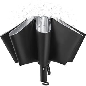 G4Free UPF 50+ UV Protection 54 Inch Large Reverse Travel Umbrella, 10 Ribs Windproof Compact Sun Blocking Inverted Car Umbrellas Automatic Open Close (Black/Silver)