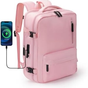 Travel Backpack for Women, 15.6 Inch Laptop Backpacks with USB Charging Port, Airline Approved Casual Daypack for Personal Item Weekender Business Hiking, Pink