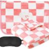 Travel Blanket and Pillow Compact, Premium Soft 3 in 1 Airplane Blanket with Soft Bag Pillowcase，Hand Luggage Sleeve, Backpack Clip and Eye Mask (Ckeckered Pink)