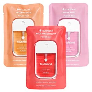 Touchland Power Mist Hydrating Hand Sanitizer Spray, JUICY Trio Set (Watermelon, Peach, Berry), 1 FL. OZ. Travel Size (Set of 3)